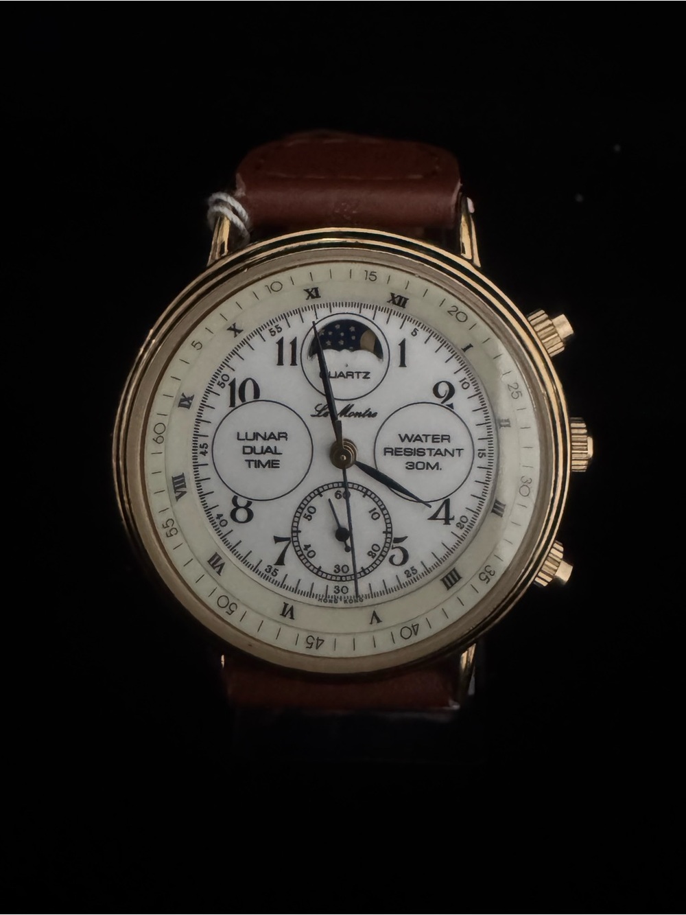 Classic Brown Leather Quartz Watch with Lunar Dual Time